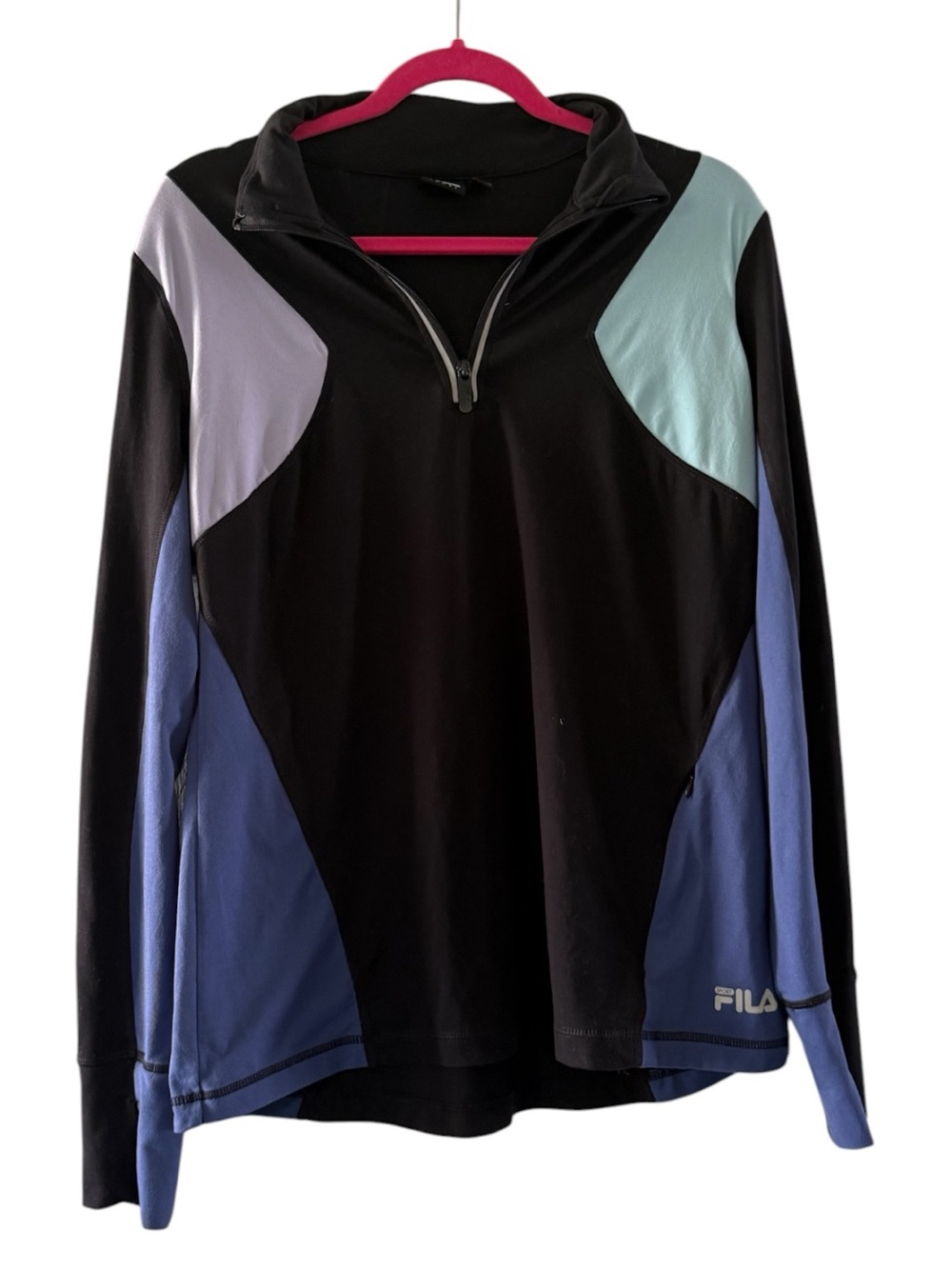 Fila Black Quarter-Zip Colorblock Ski Pullover with Blue and Mint Panels